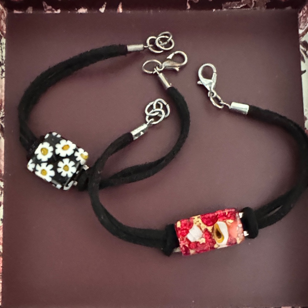 TWO Murano Black and Red Floral Bracelets